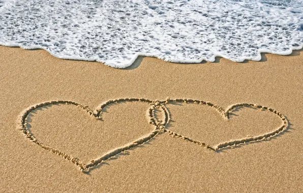 Sand, sea, water, love, mood, heart, hearts, written
