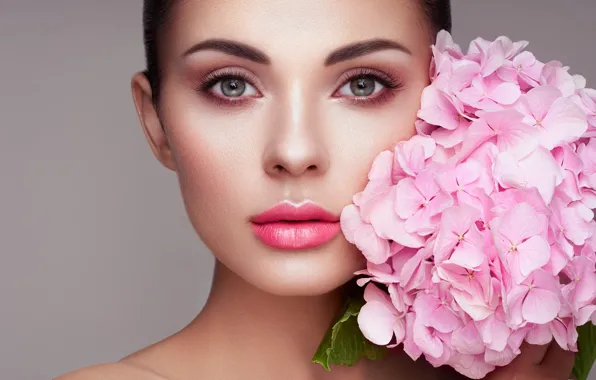 Picture eyes, look, girl, flowers, face, sweetheart, hydrangea, Oleg Gekman