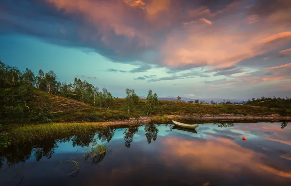 Summer, sunset, lake, boat, the evening