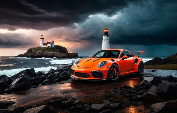 Picture sea, machine, auto, island, Porsche 911, beacons, Porsche 911 GT3 RS, neural network