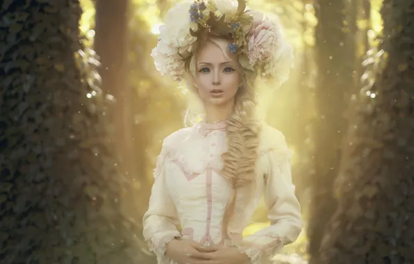 Picture girl, landscape, flowers, nature, doll, dress, wreath, photo by Katerina Plotnikova