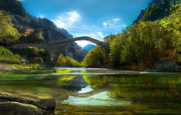 Greens, summer, the sky, clouds, trees, landscape, mountains, bridge