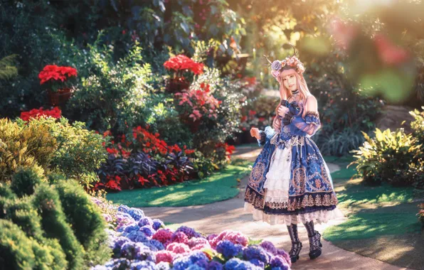 Summer, girl, light, flowers, nature, style, roses, garden