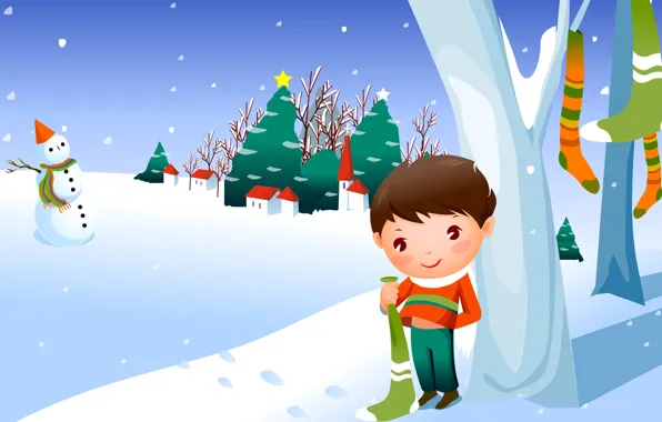 Winter, snow, boy, snowman, the village, tree, baby Wallpaper