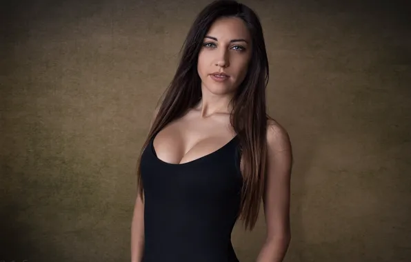 Background, portrait, makeup, figure, dress, brunette, hairstyle, in black