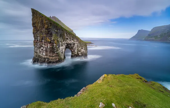 Sea, the sky, clouds, mountains, fog, rock, blue, rocks