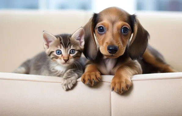 Cat, cat, look, grey, together, legs, dog, puppy