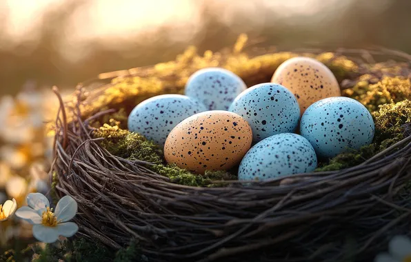 The sun, light, flowers, nature, holiday, glade, eggs, spring