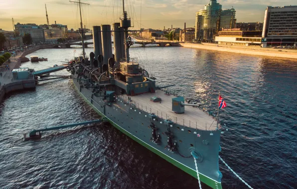 Picture the city, river, Peter, Saint Petersburg, monument, Aurora, cruiser, Neva