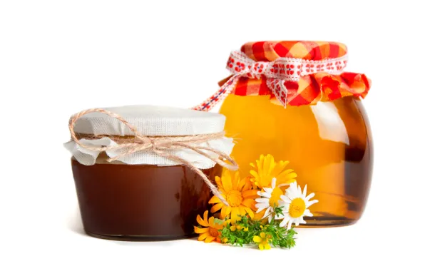Picture flowers, chamomile, honey, jars, banks, field, sweet