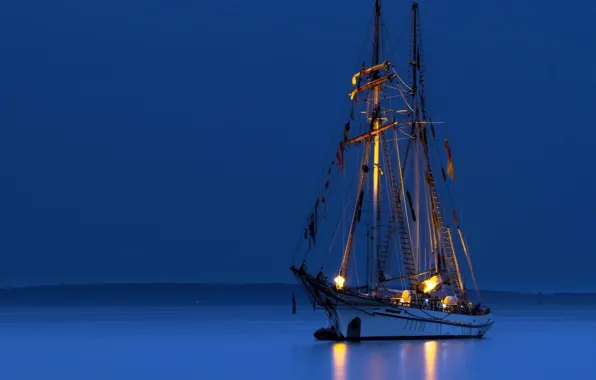 Sea, night, coast, ship, sailboat, calm, at anchor