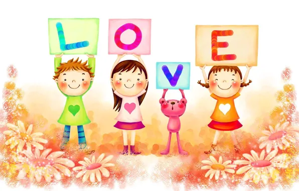 Love, joy, happiness, children, letters, mood, chamomile, bright