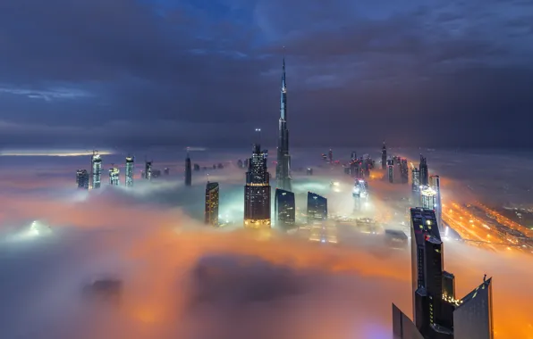 Clouds, the city, lights, home, the evening, Dubai, UAE, haze.fog