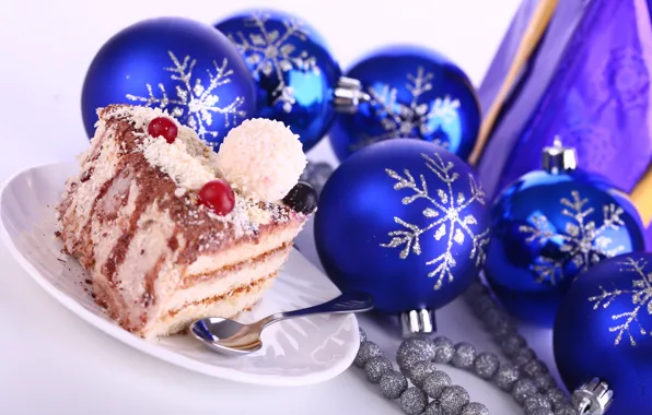 Snowflakes, berries, holiday, new year, spoon, beads, new year, cake