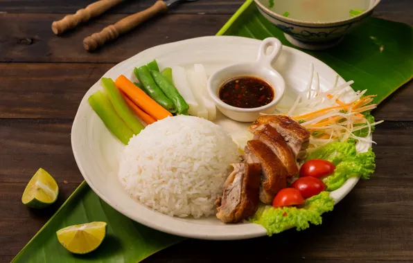 Meat, figure, vegetables, tomatoes, duck, sauce