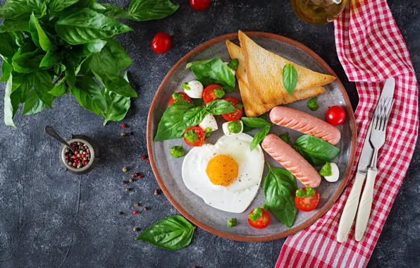 Food, Breakfast, cheese, bread, spices, toast, Basil, tomatoes-cherry