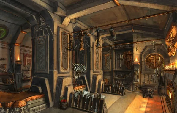 Weapons, candles, columns, oven, the room, forge