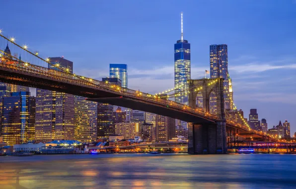 Night, lights, skyscraper, home, New York, USA, Brooklyn bridge