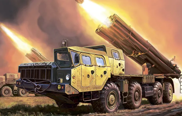 Picture car, grass, military, army, artwork, missiles, military vehicle, frontal view