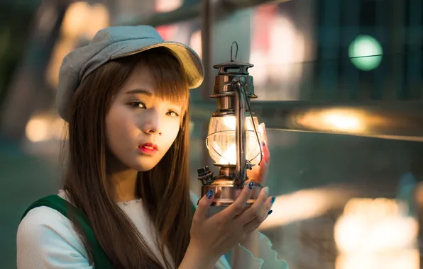 Picture look, girl, light, hair, lamp, cap, Asian, bokeh