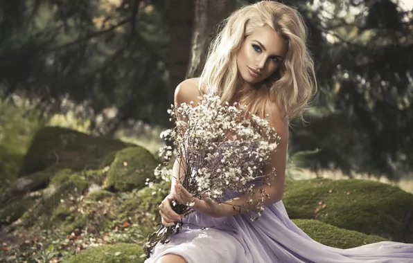 Grass, girl, nature, stones, moss, bouquet, dress, blonde