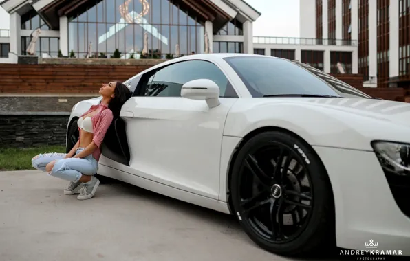 Car, machine, white, chest, girl, face, pose, Audi