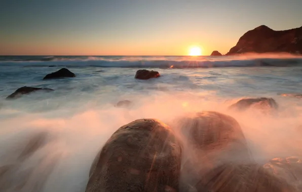 Sea, wave, the sky, the sun, light, sunset, squirt, glare