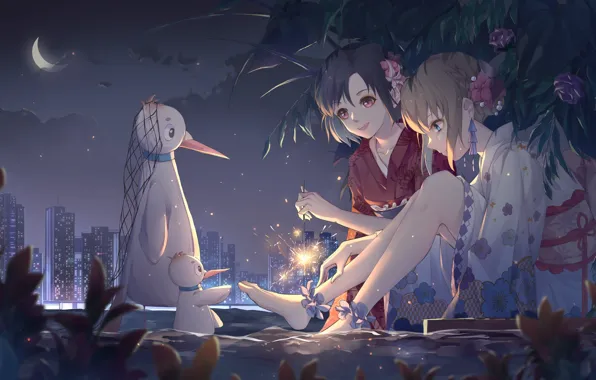 Flowers, birds, night, the city, network, girls, a month, chick