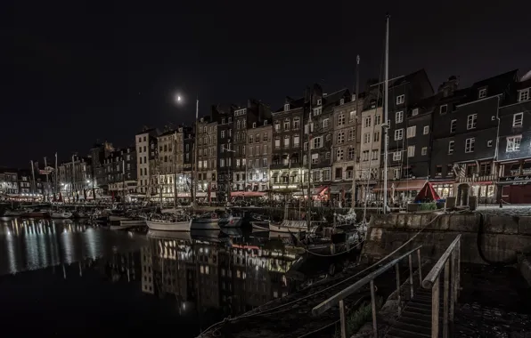 Picture night, lights, boat, France, home, Normandy, The Old Harbour, Honfleur