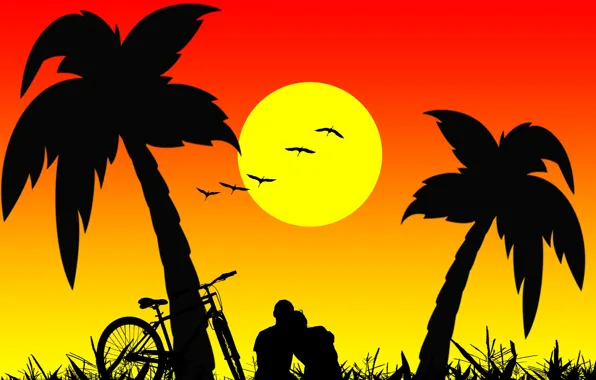 Picture palm trees, romance, two, silhouettes