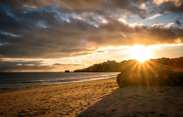 Sand, sea, wave, beach, the sky, the sun, clouds, rays