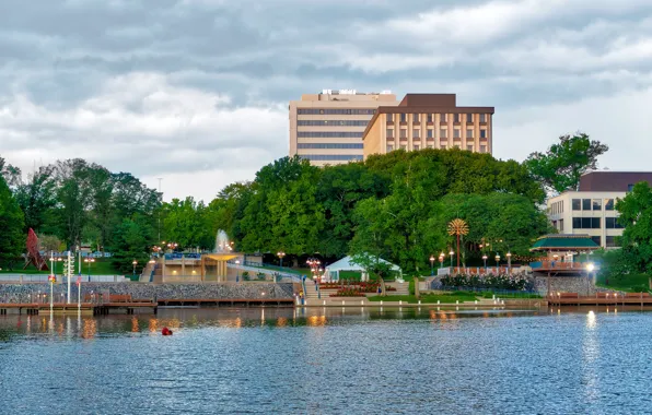 Summer, nature, Park, river, building, fountain, America