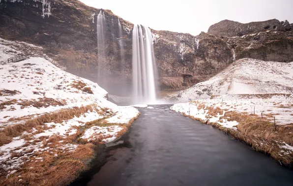 Picture winter, river, waterfall