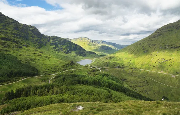 Forest, mountains, lake, road, Scotland