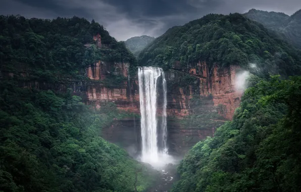 Forest, rocks, waterfall, stream, haze
