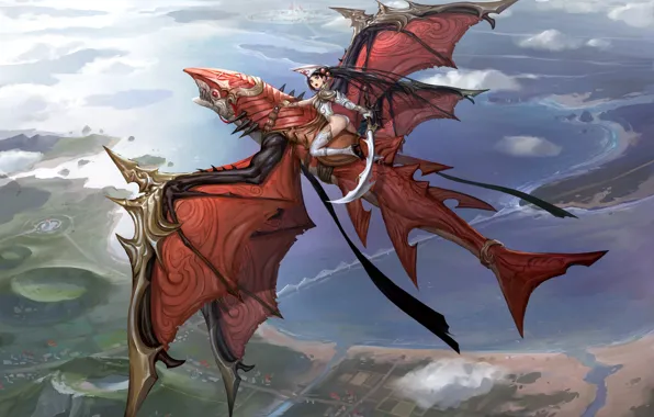 Girl, flight, dragon, height, sword, anime, art