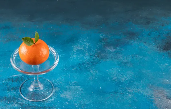 Glass, orange, contrast, stand, blue background, Mandarin, ramekin