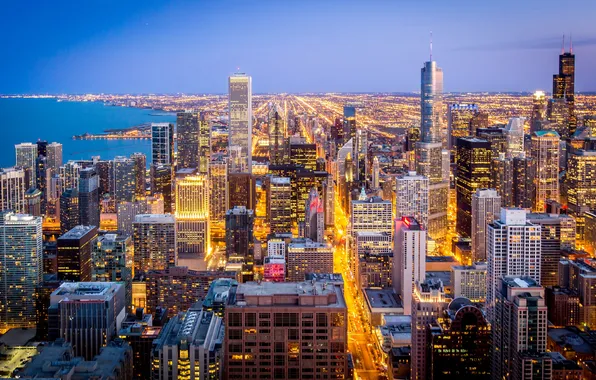 Picture the sky, lights, lake, home, the evening, Chicago, USA