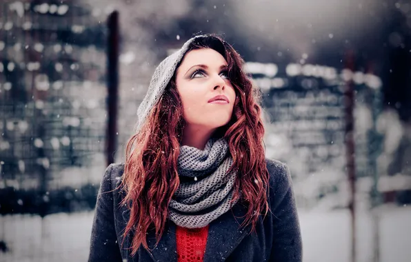 Girl, snow, scarf, redhead, coat