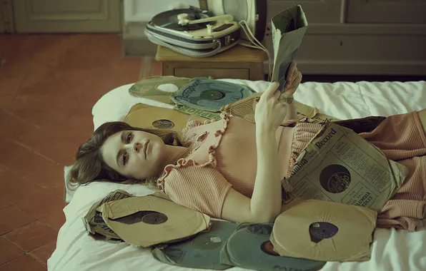 Picture look, girl, bed, player, brown hair, vintage, records, vintage