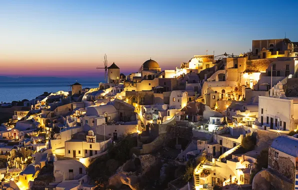 Night, the city, photo, home, Greece, santorini