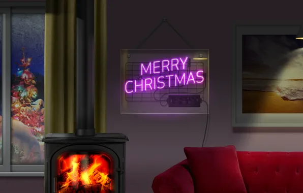 Picture christmas, winter, neon, window, living room, interior, sofa, picture