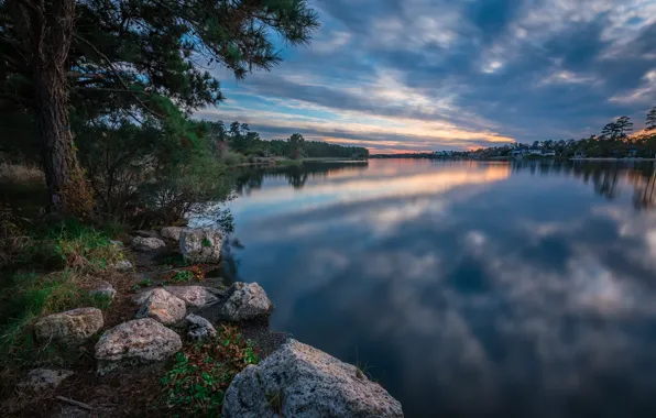 Trees, landscape, sunset, nature, lake, stones, the evening, USA