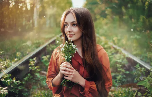 Summer, look, girl, flowers, nature, smile, rails, portrait