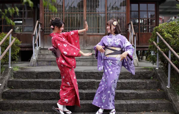 Girls, kimono, smile, Asian girls