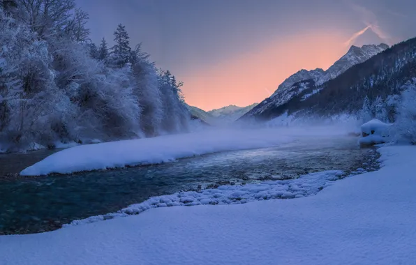 Picture winter, forest, snow, trees, mountains, river, Austria, Alps