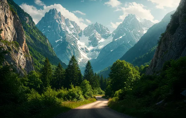 Road, the sky, clouds, snow, trees, mountains, nature, Wallpaper