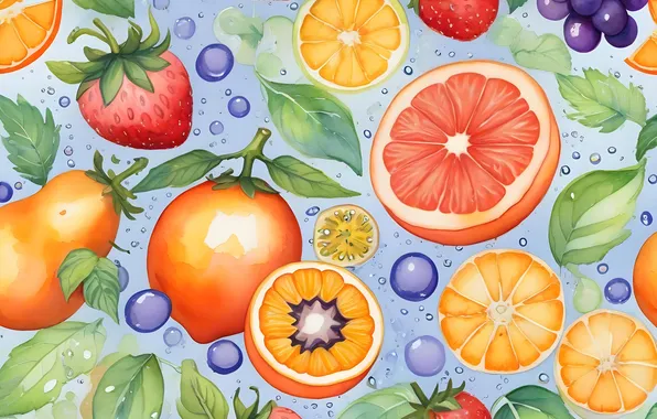 Texture, fruit, different, cuts, imitation of watercolor, AI art, neural network