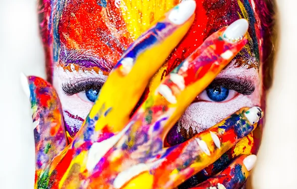Picture eyes, girl, face, paint, hand, fingers