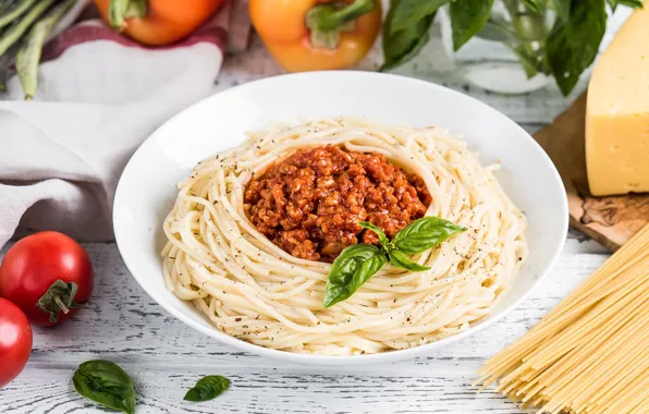 Cheese, plate, meat, tomatoes, dish, pasta